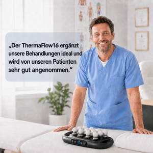 Recovility ThermaPulse 16 Massagegerät mit physioend-Design, zeigt das Gerät in einer entspannten Anwendungsszene.